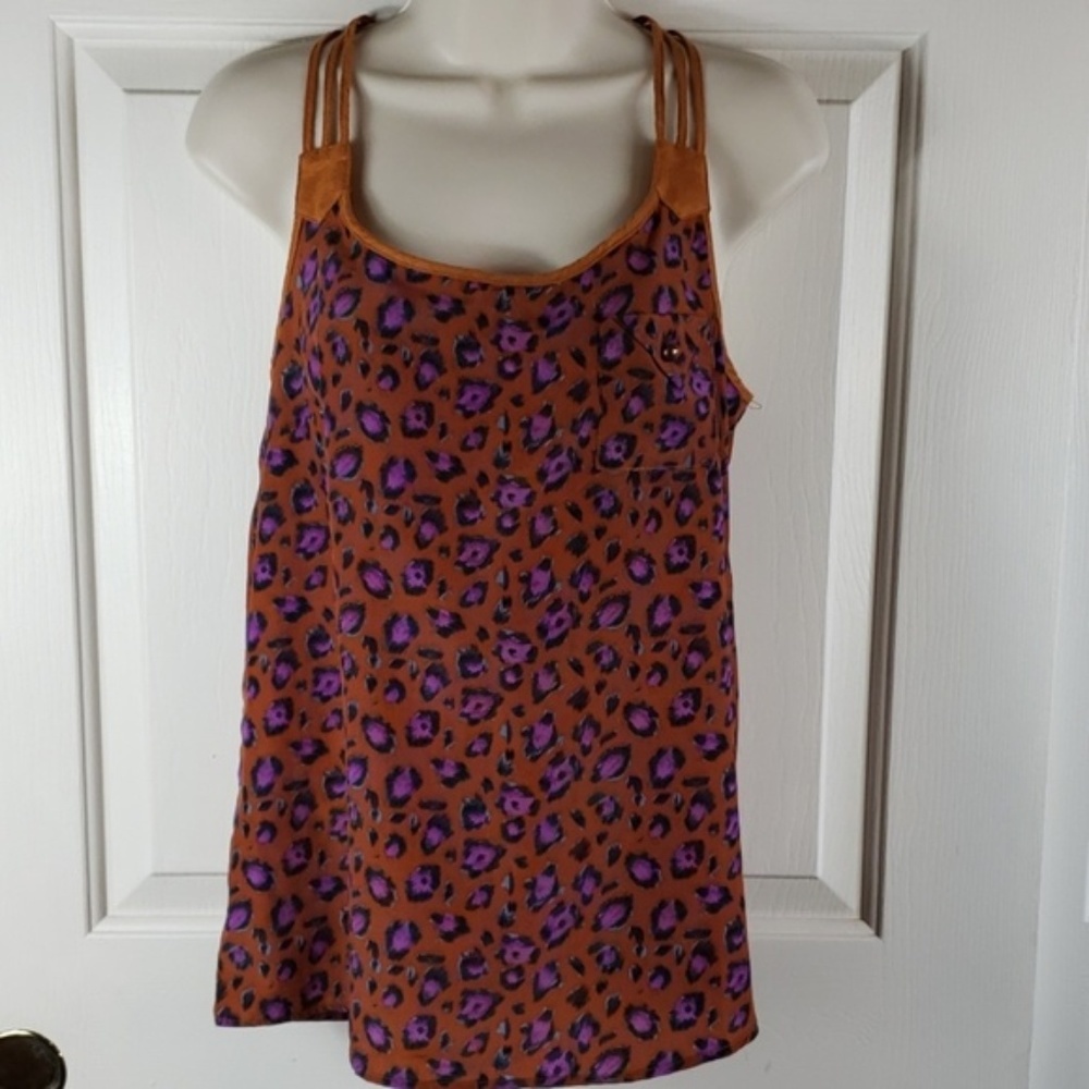 MINE Womens Size Small Orange Leopard Cross Back Spaghetti strap tank top EUC